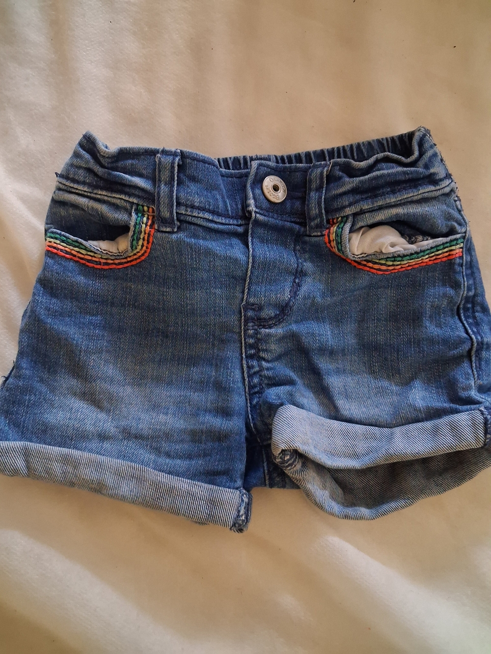 OshKosh B'gosh Blue Denim Shorts with Rainbow Pocket Stitching